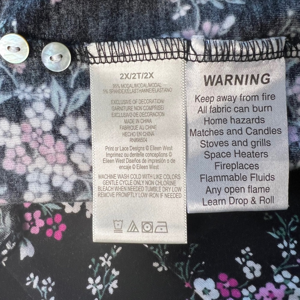 Eileen West Black Floral Nightgown Daydress 2X Short Sleeve Lace Trim Cotton - Picture 9 of 9